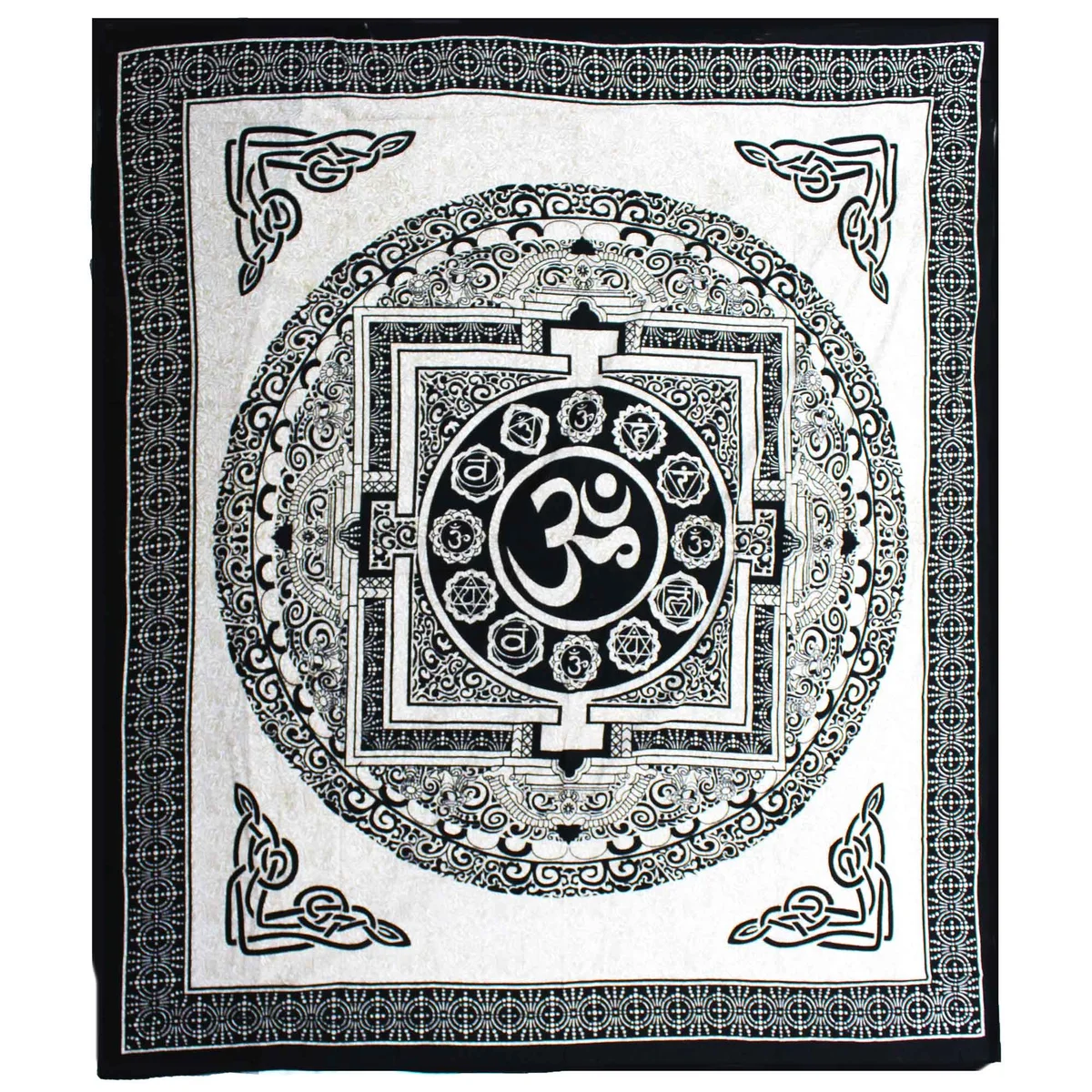 Double cotton bedspread with OM Mandala design displayed as a cotton wall hanging in monochrome colors