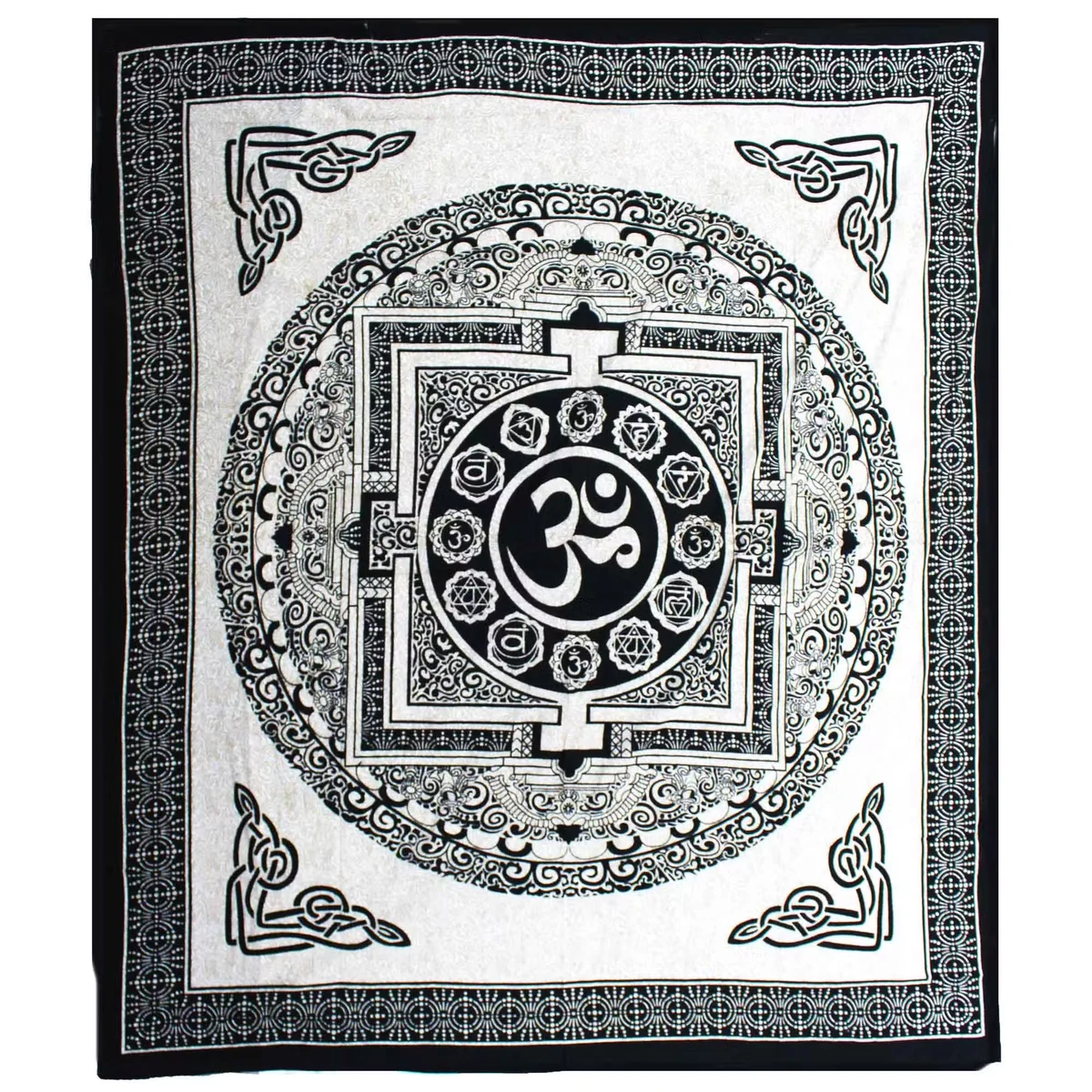 Double cotton bedspread decor with monochrome OM Mandala design, styled as wall hanging and bedspread on double bed