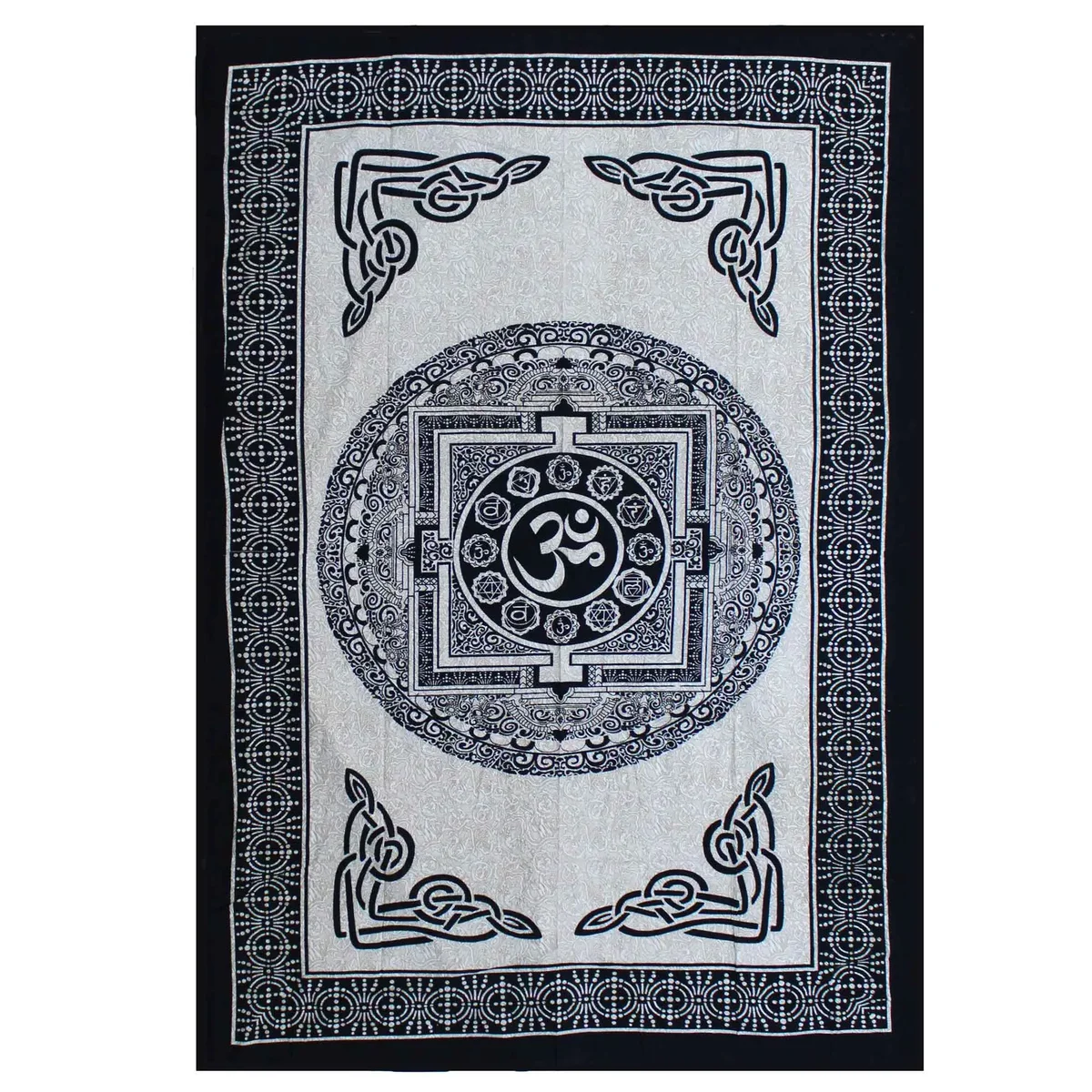 Single cotton bedspread wall hanging featuring a monochrome OM Mandala design for bedroom decor