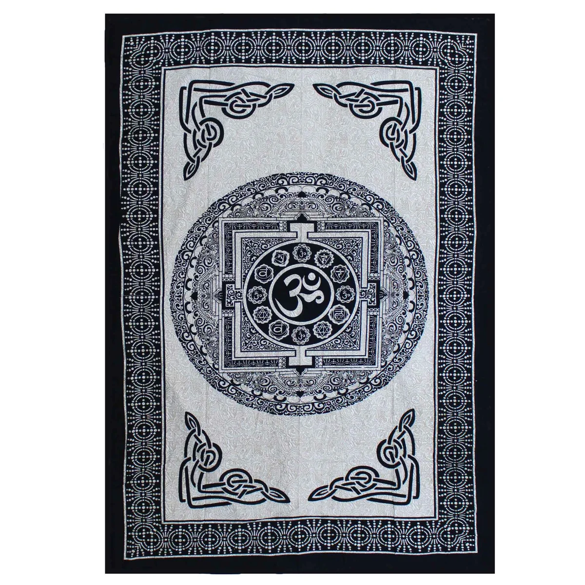 Single cotton OM mandala bedspread in monochrome design displayed as wall hanging in a minimalist setting