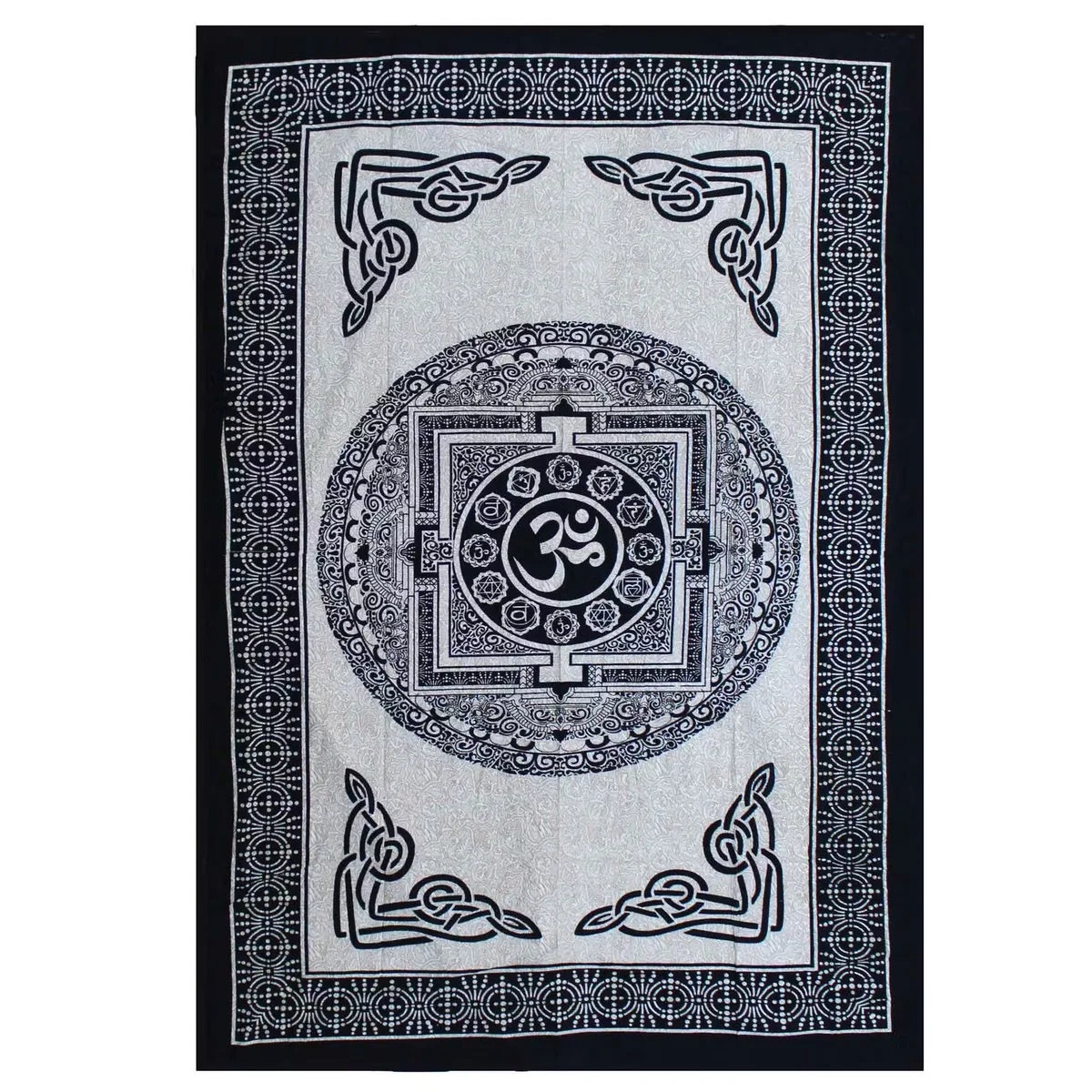 Single cotton mono mandala bedspread with OM symbol displayed as wall hanging in monochrome design