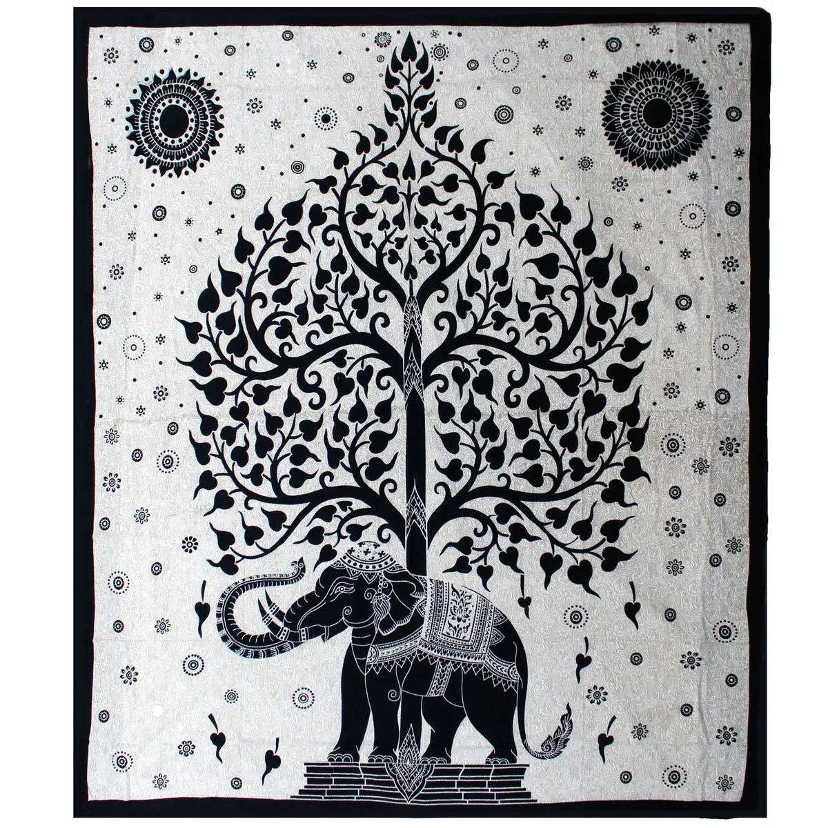 Double cotton bedspread and wall hanging in monochrome with elephant tree design on a double bed setup