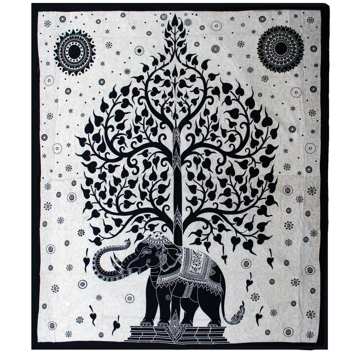 Double cotton elephant tree bedspread in monochrome design displayed as wall hanging and bedspread on double bed