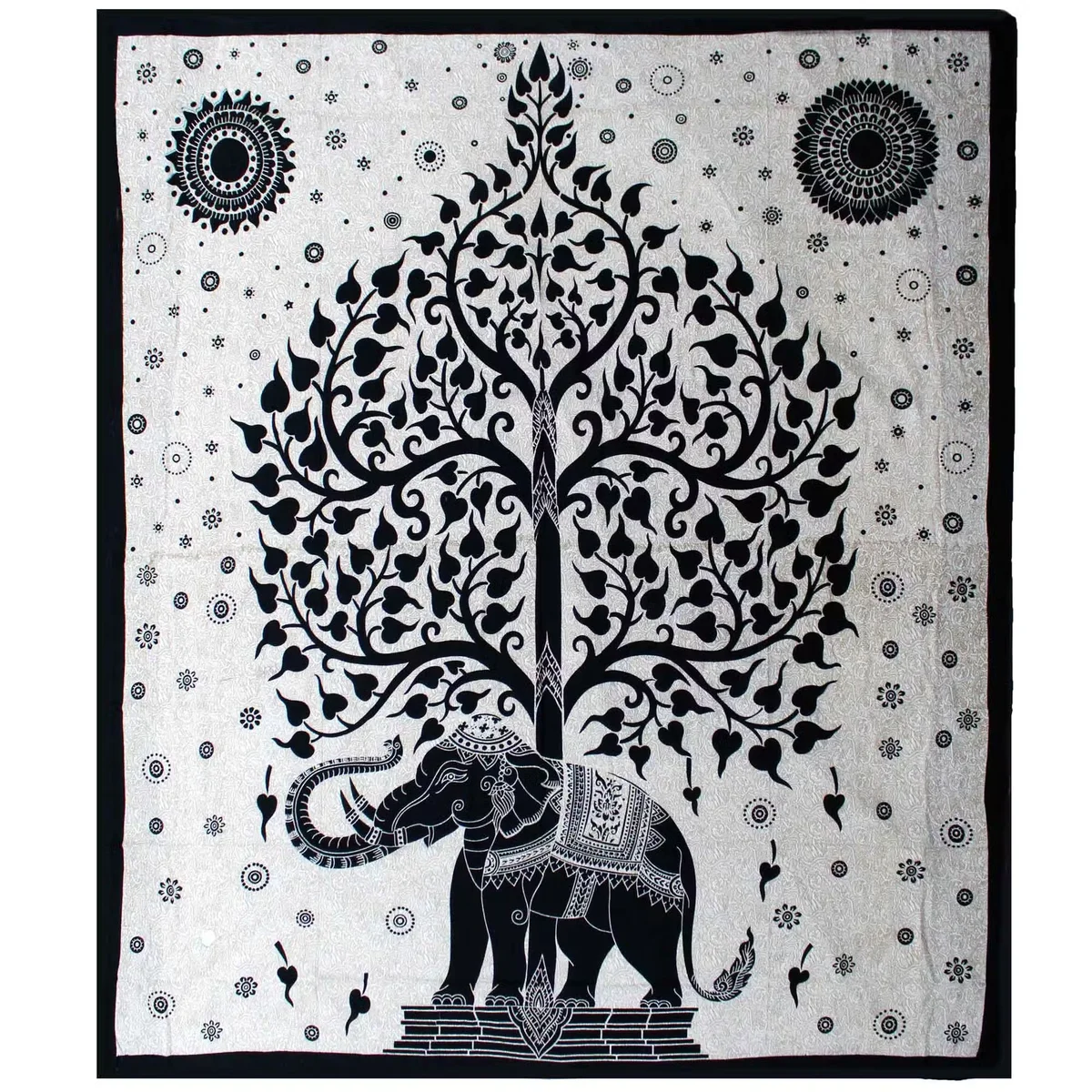 Double cotton bedspread with elephant tree pattern in monochrome, shown as wall hanging, mono bedspread design detail visible