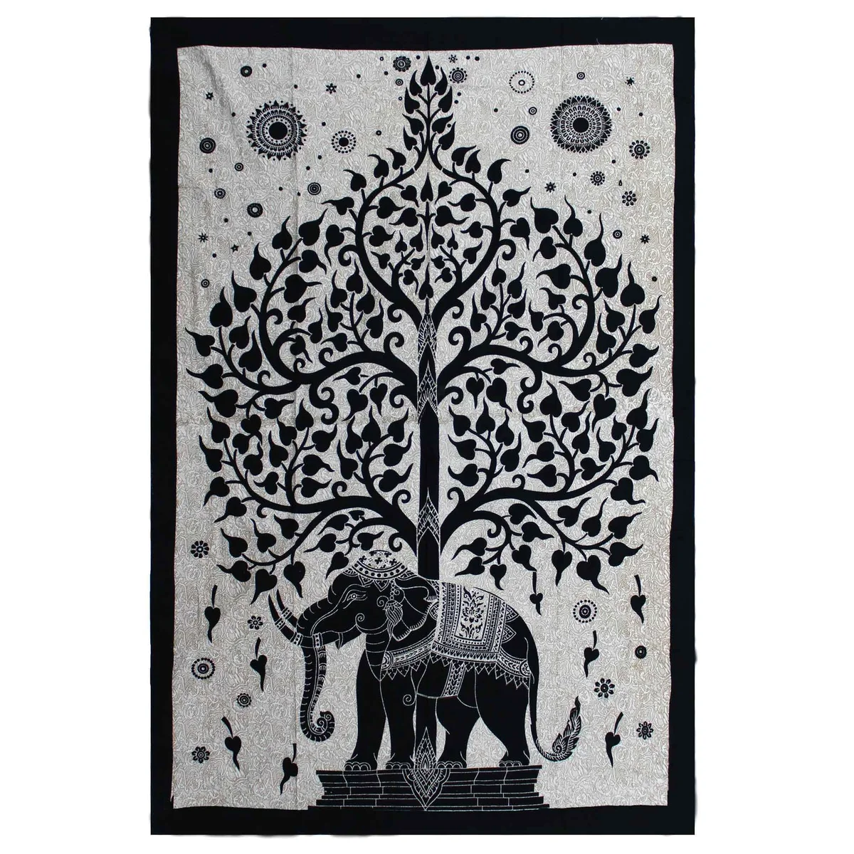 Single cotton bedspread with monochrome elephant tree design, displayed flat with matching wall hanging in background