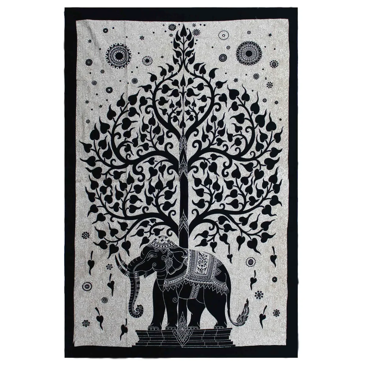Single cotton bedspread and wall hanging set with monochrome elephant tree design on white background