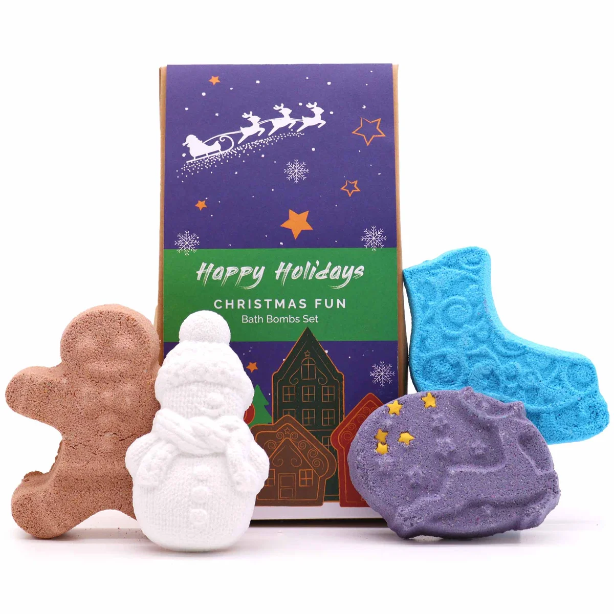 Colourful Christmas-themed bath bombs arranged in a festive bath bomb gift pack for holiday fun and relaxation
