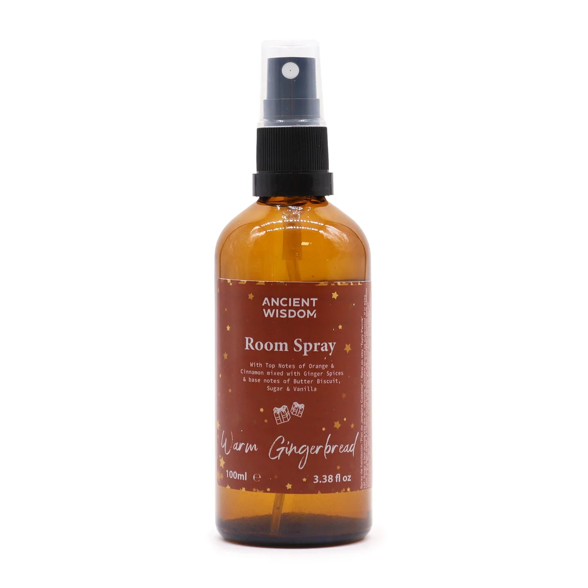 100ml warm gingerbread room spray bottle with festive label on a plain background