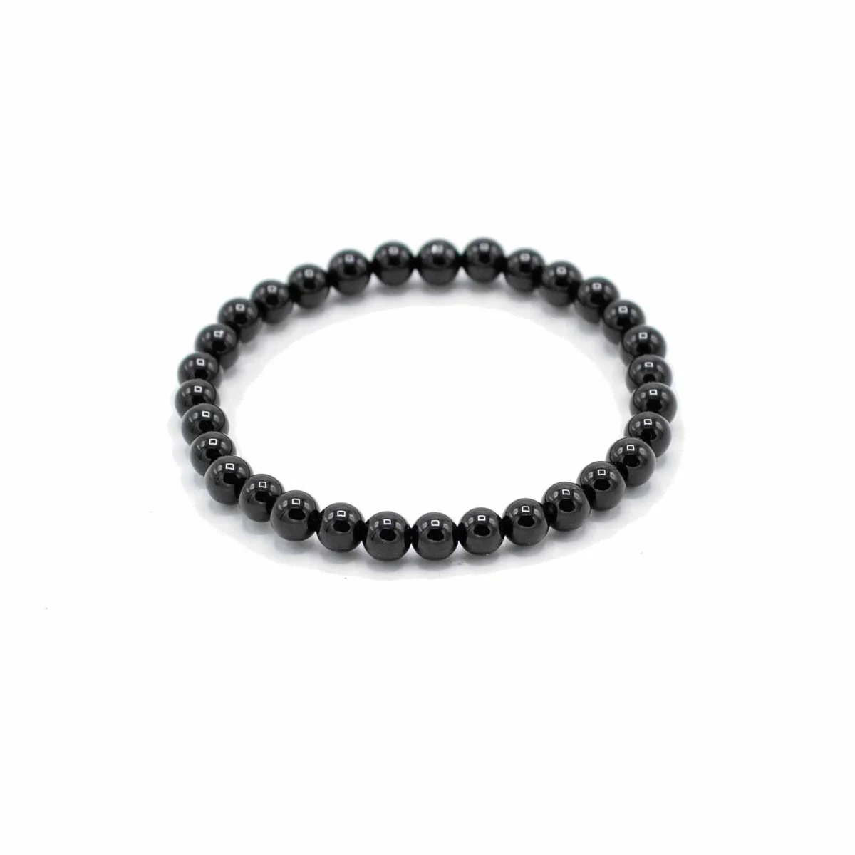 Black agate bracelet with polished round gemstones on an elastic band for protection and manifestation purposes