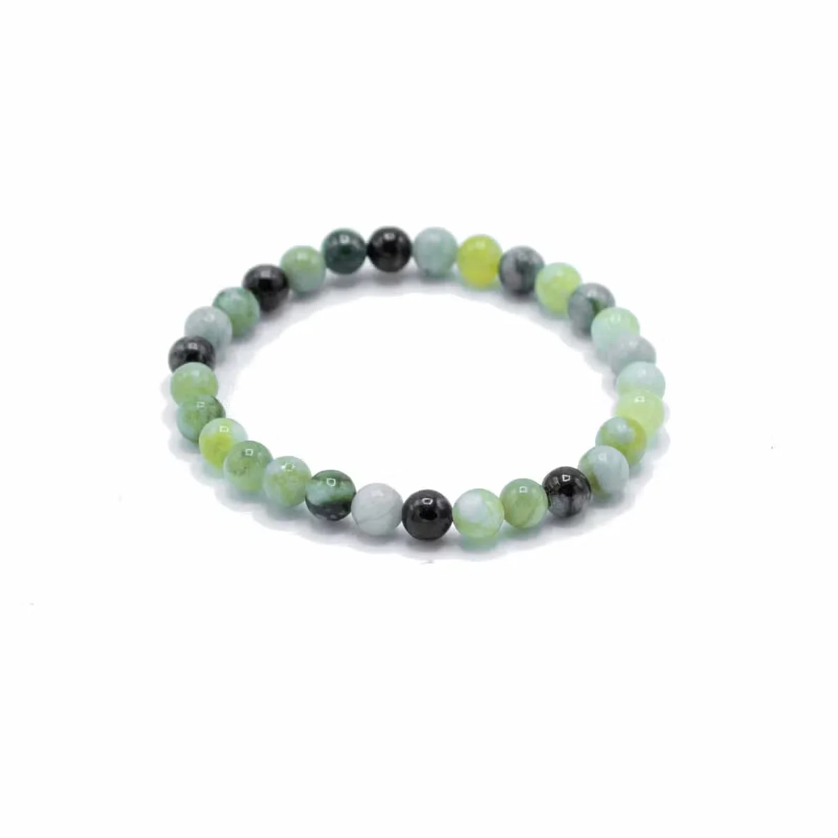 Close-up of olive jade jewellery bracelet with round beads for healing and manifestation purposes