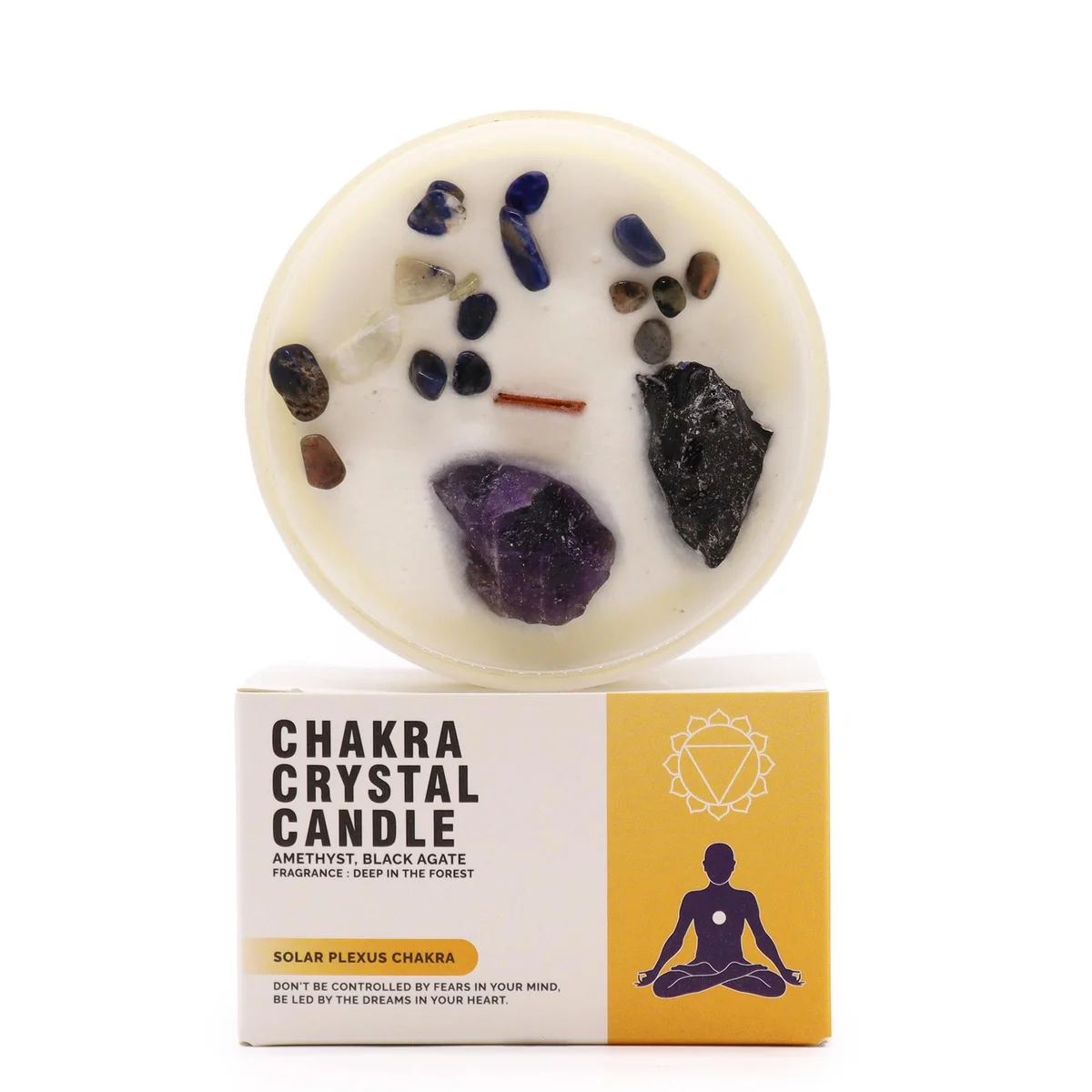 Yellow Chakra Crystal scented candle for Solar Plexus Chakra with decorative crystals on top against white background