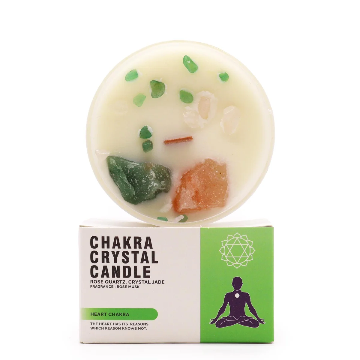 Heart Chakra candle with green crystal embedded, designed for chakra balancing and meditation practices