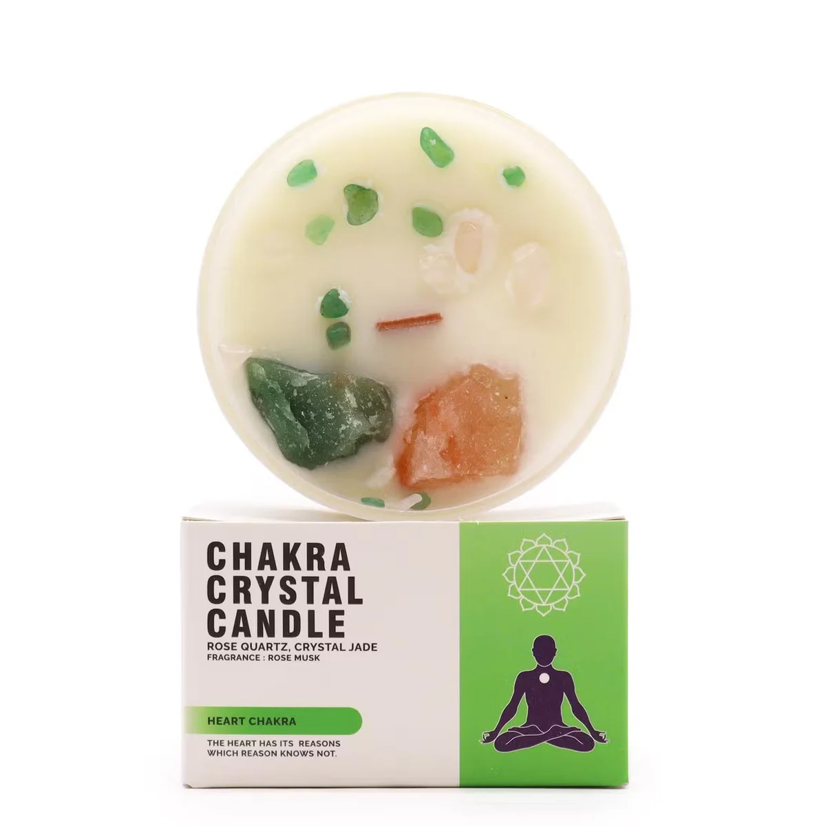 Heart Chakra crystal candle glowing softly, surrounded by rose quartz crystals, spiritual candles UK collection display
