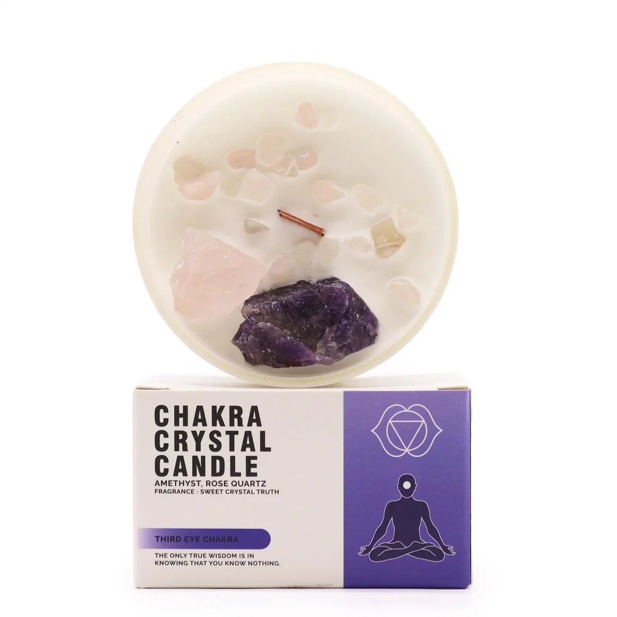 Third Eye Chakra crystal candle with purple wax and decorative stones on top, designed for chakra healing and meditation