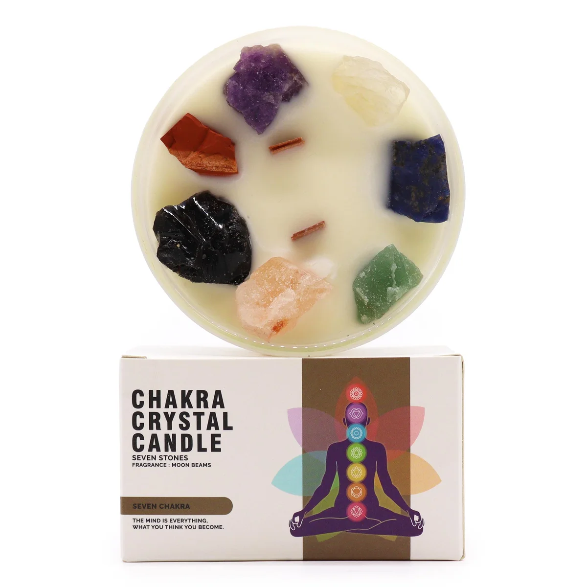Set of large seven crystal chakra candles arranged in a row, each with a distinct chakra color and design