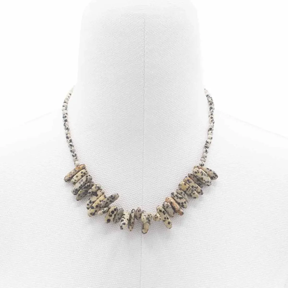 Longstone gem necklace featuring a polished Dalmatian stone pendant on a silver chain against a white background