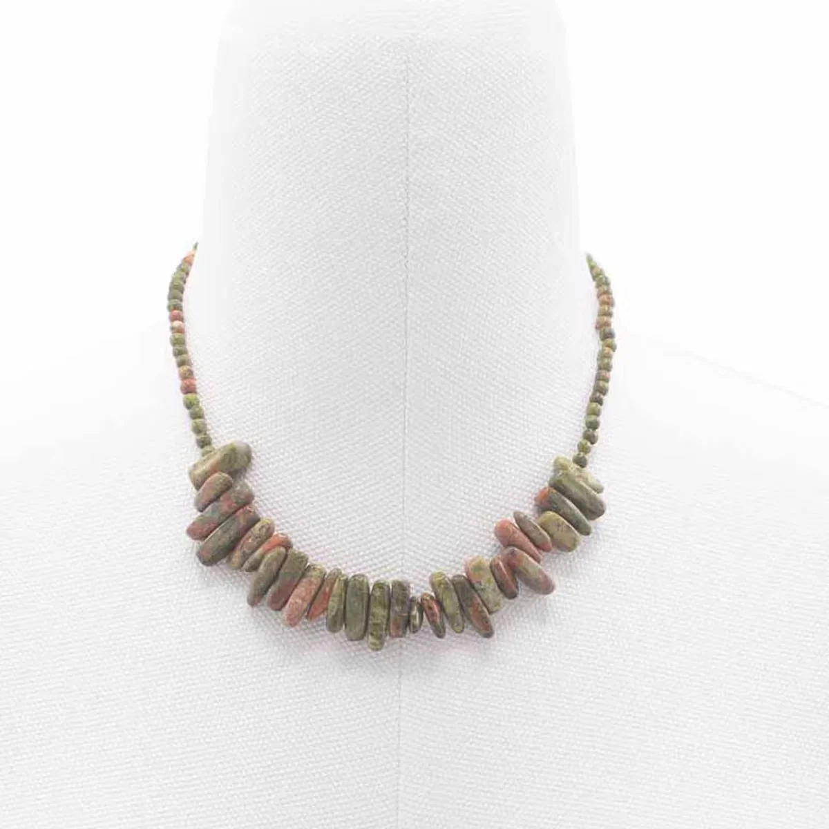 Unakite longstone necklace on delicate chain, showcasing bright green and brown stone, gemstone jewellery UK
