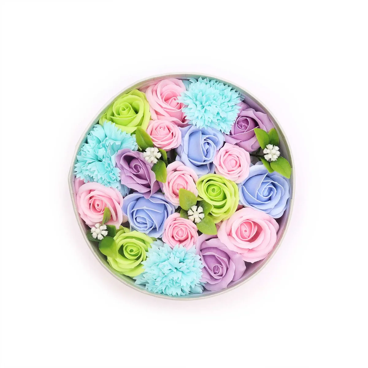 Round storage box in blue with a baby blessings design, a charming keepsake.
