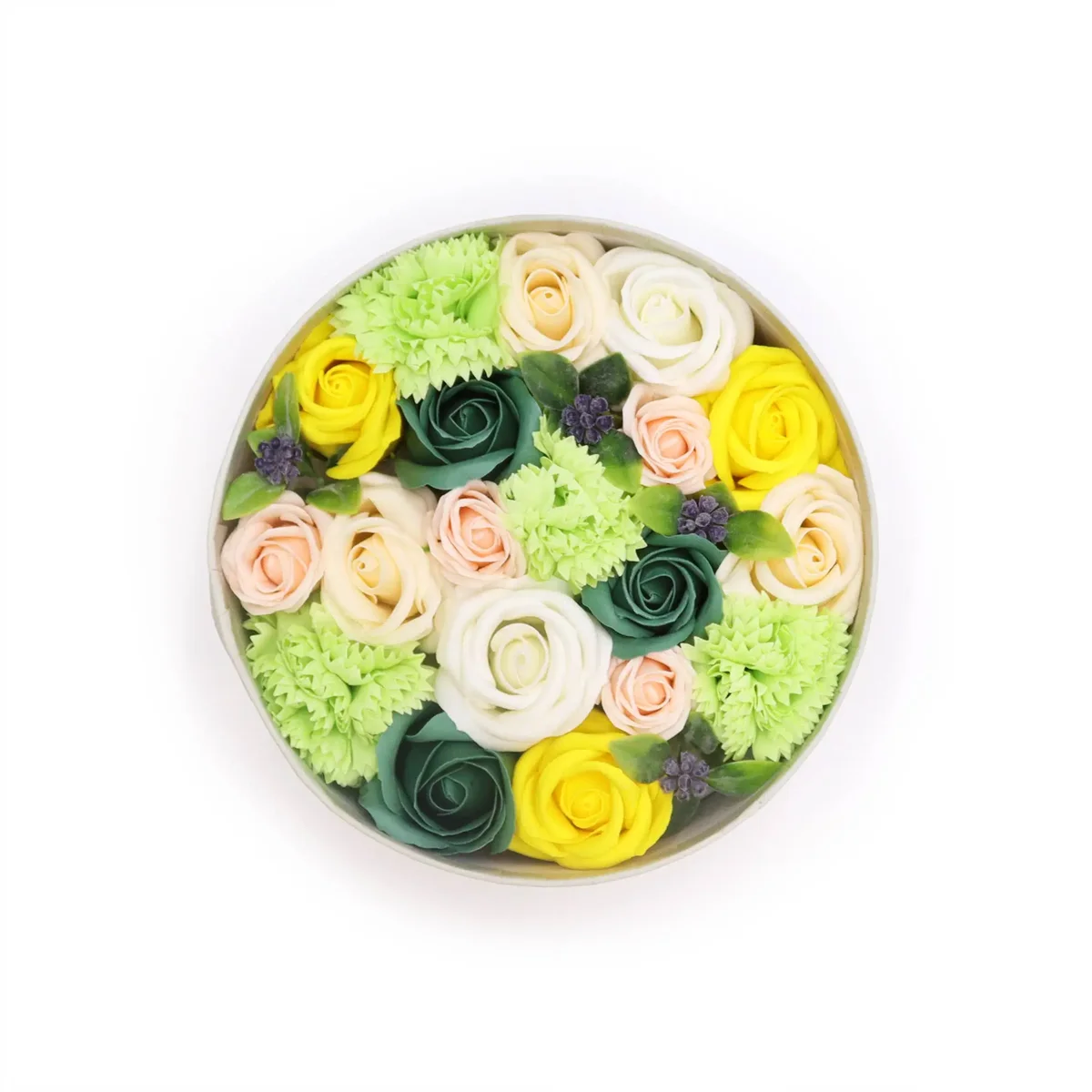 Yellow and green decorative storage box, round design, spring celebration theme