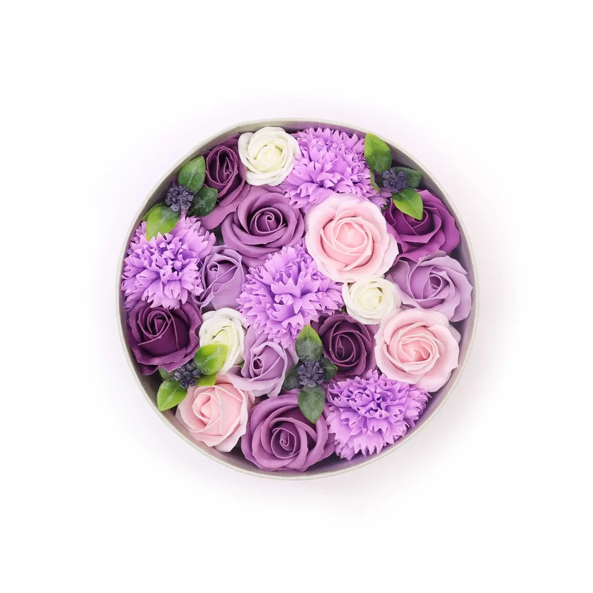 Round storage box with lavender background and rose and carnation accents