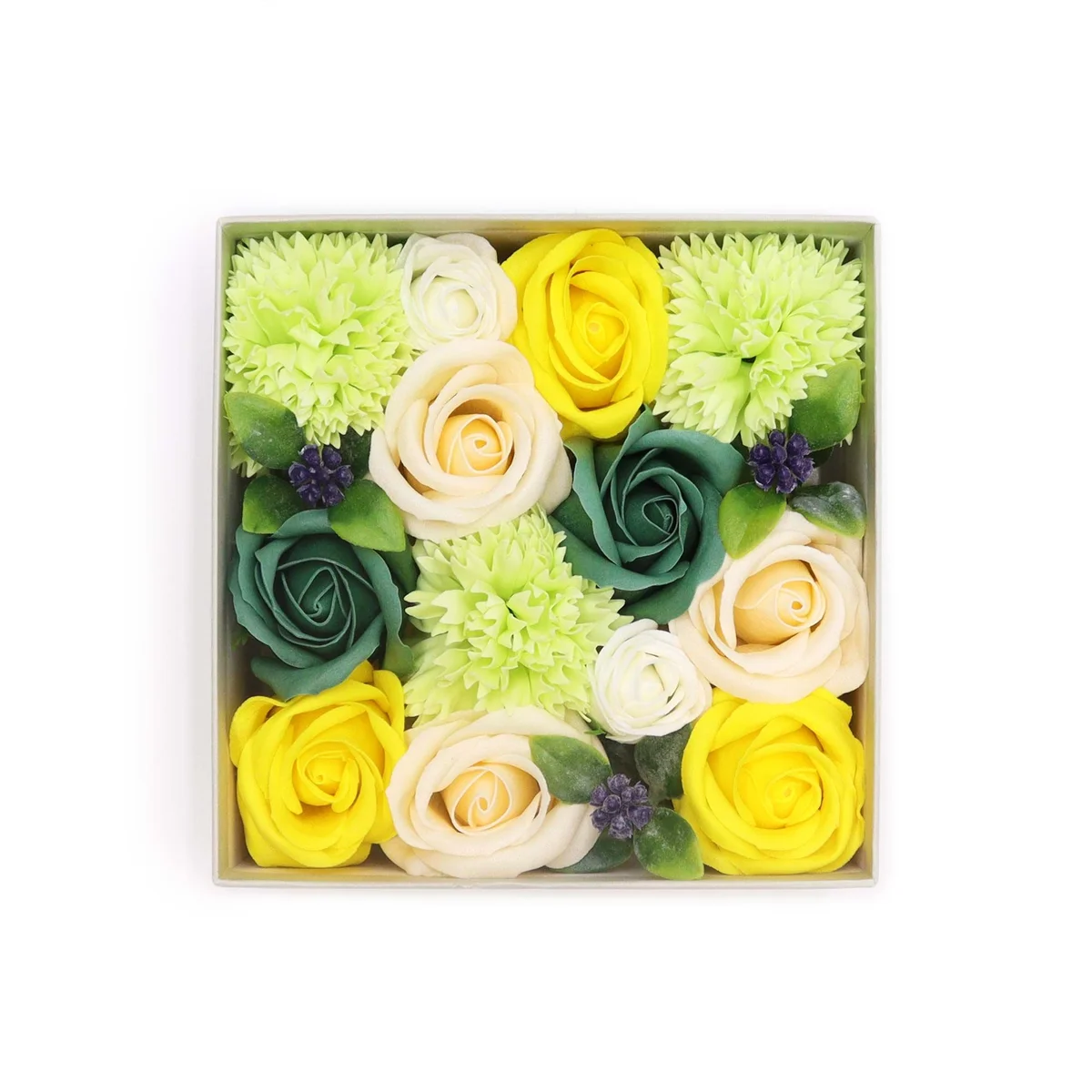 Square box in yellow and green, featuring spring decals – a spring decorative storage box