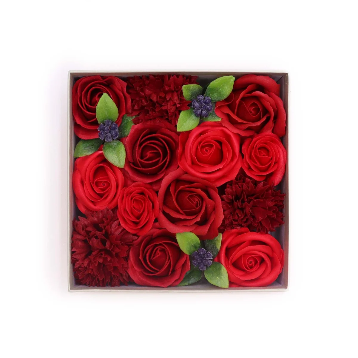 Classic red roses box shown as a square gift wrapped in elegant design.