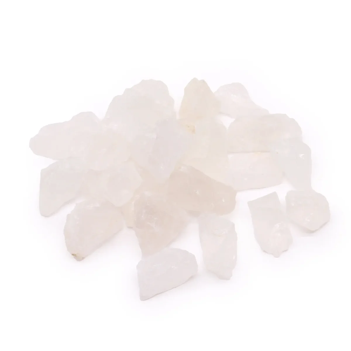Cluster of raw rock quartz crystals weighing 500 grams on a white background