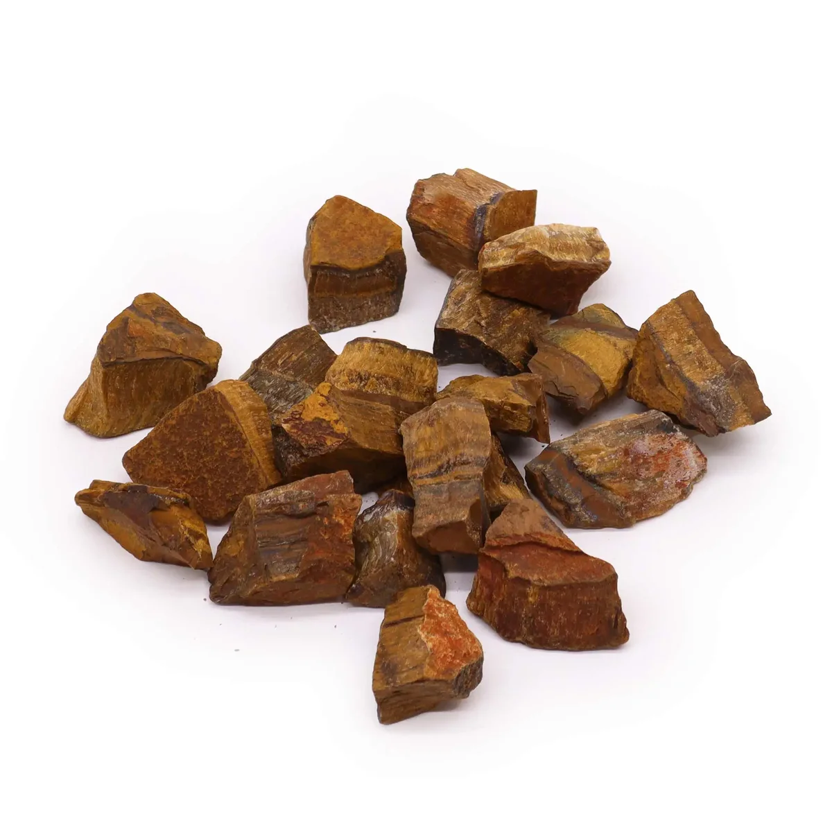 A 500gm collection of tigereye raw crystals with natural golden-brown hues and rough textures on a white background