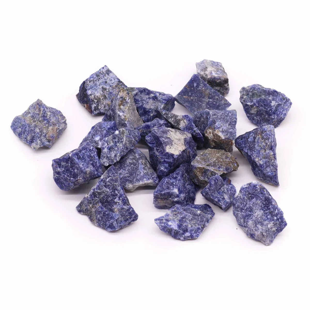 Cluster of raw sodalite crystals weighing 500 grams with blue and white mineral patterns on a white background