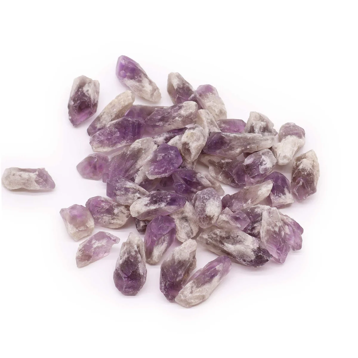 500g of raw amethyst rough natural crystal points with purple hues displayed on a white background
