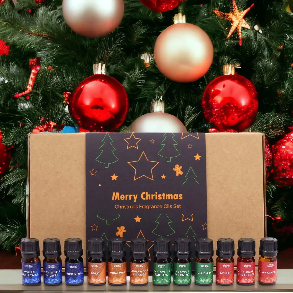 Holy Scents of Christmas Fragrance Set with bottles arranged, perfect holiday scent gift for festive season