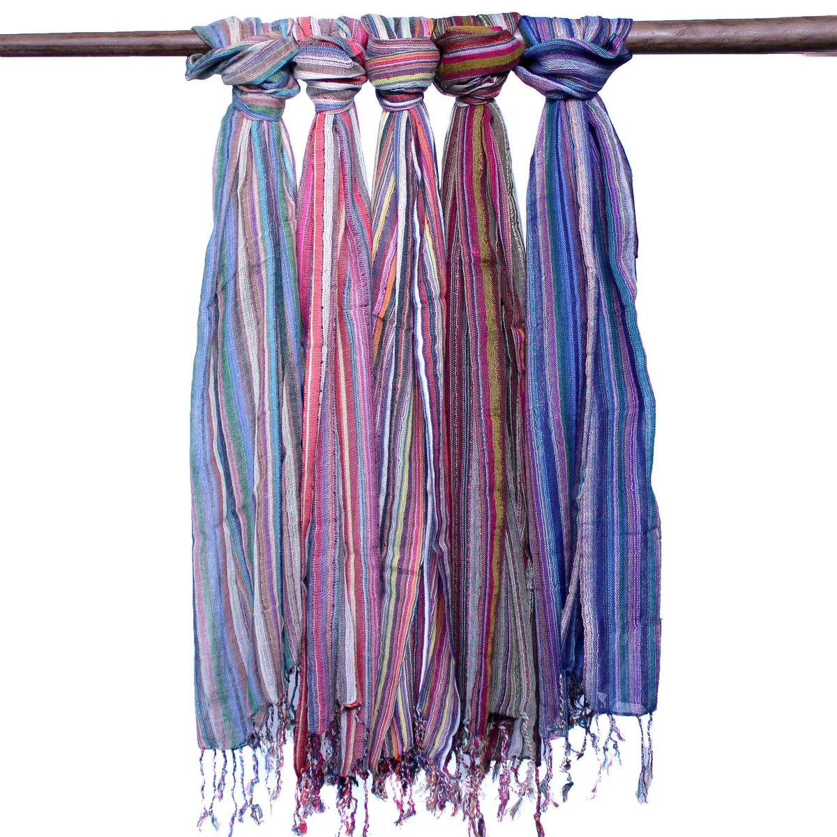 Indian boho scarves in random purple shades, measuring 22x72cm, folded and displayed on a white background