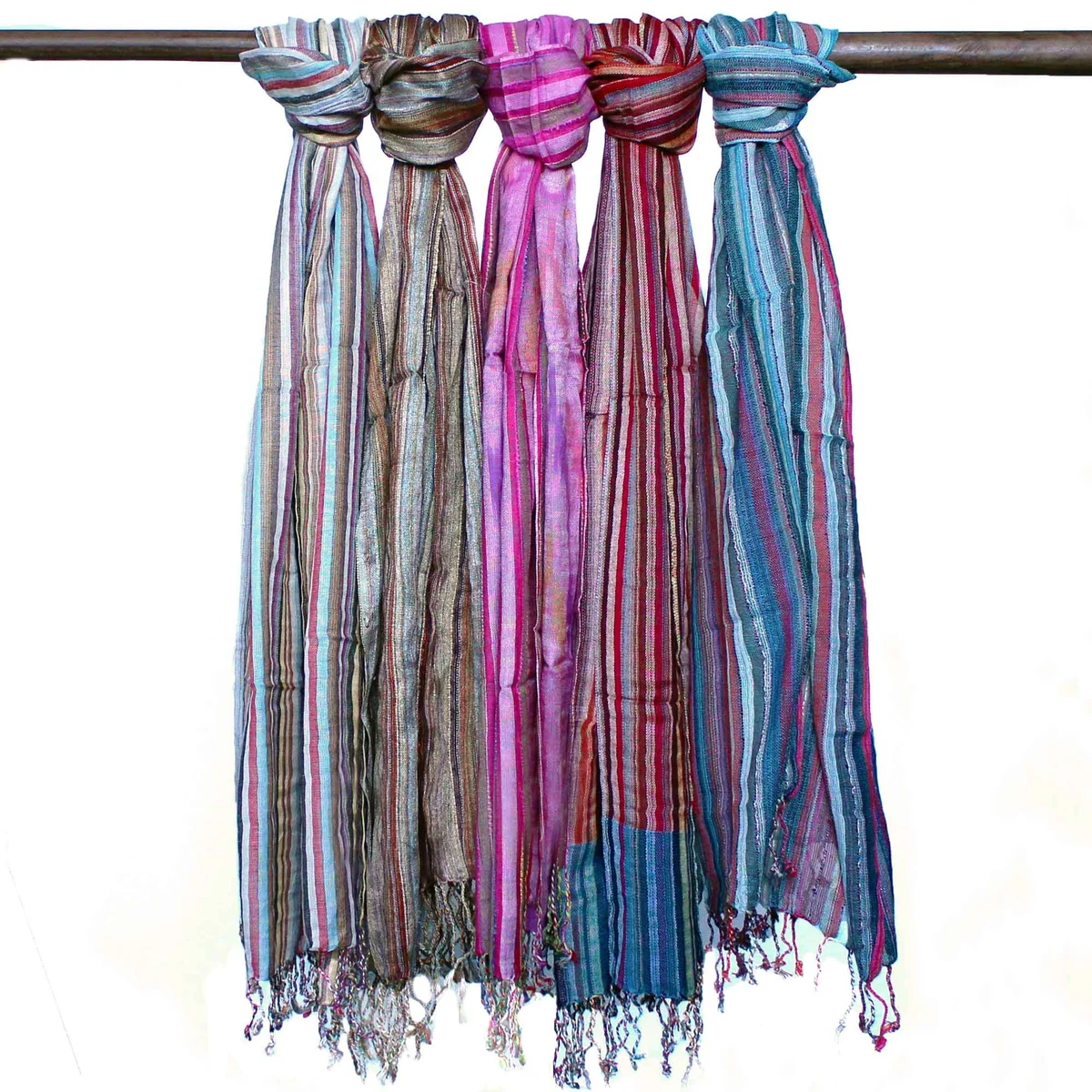 Indian boho scarves in random blue shades, measuring 22x72cm, displayed folded on a white background