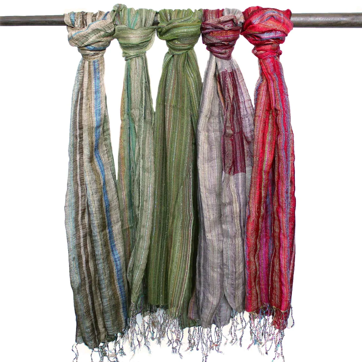 Indian scarves 22x72cm in boho style with random green patterns, lightweight fabric folded on a plain background