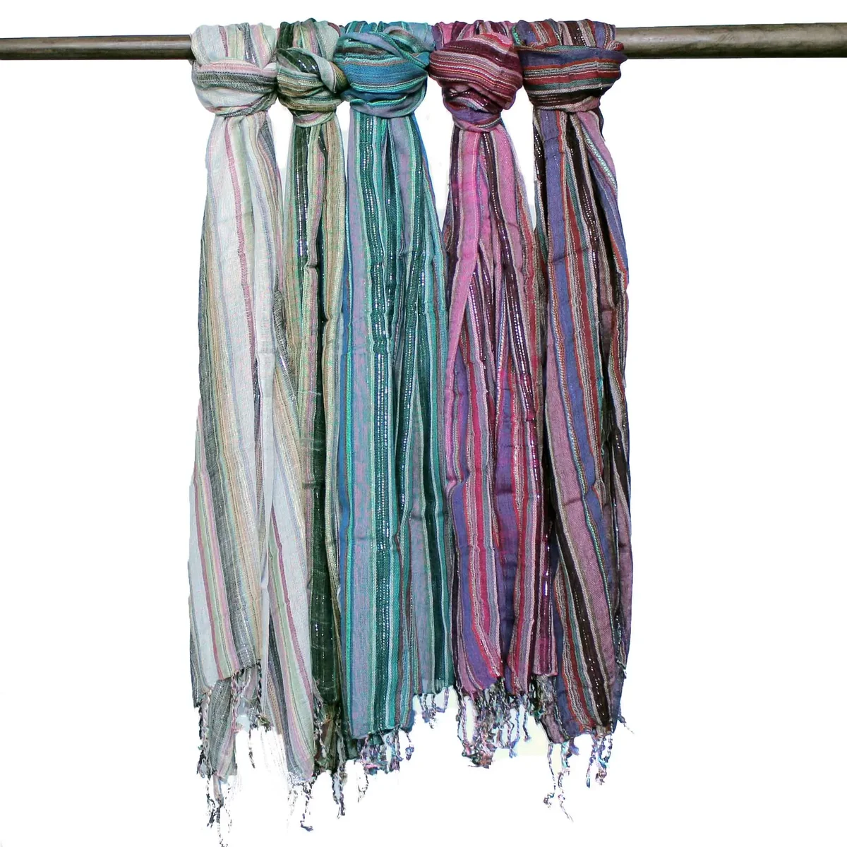 Colourful Indian boho scarves with gold thread embroidery, measuring 22x72cm, displayed in random colours