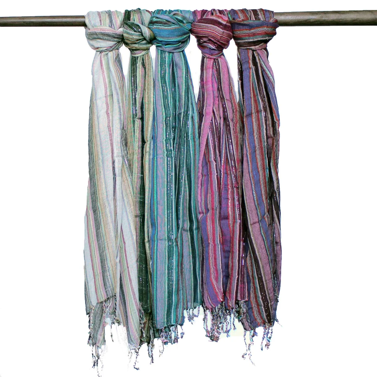 Indian Boho 22x72cm scarves in random colours with gold thread detail, draped to show texture and pattern variations