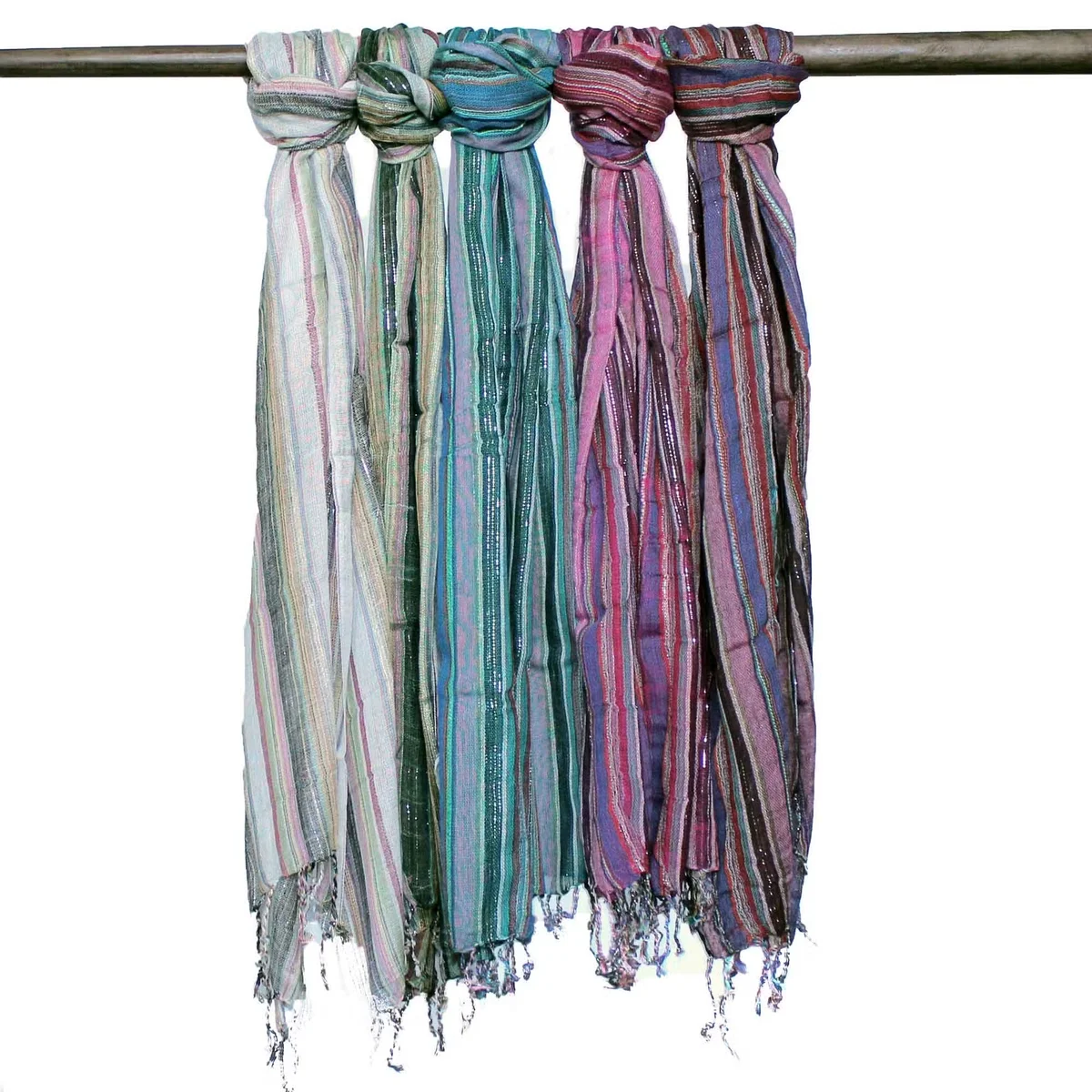 Folded colourful Indian scarves with gold thread detail in various random colours measuring 22x72cm