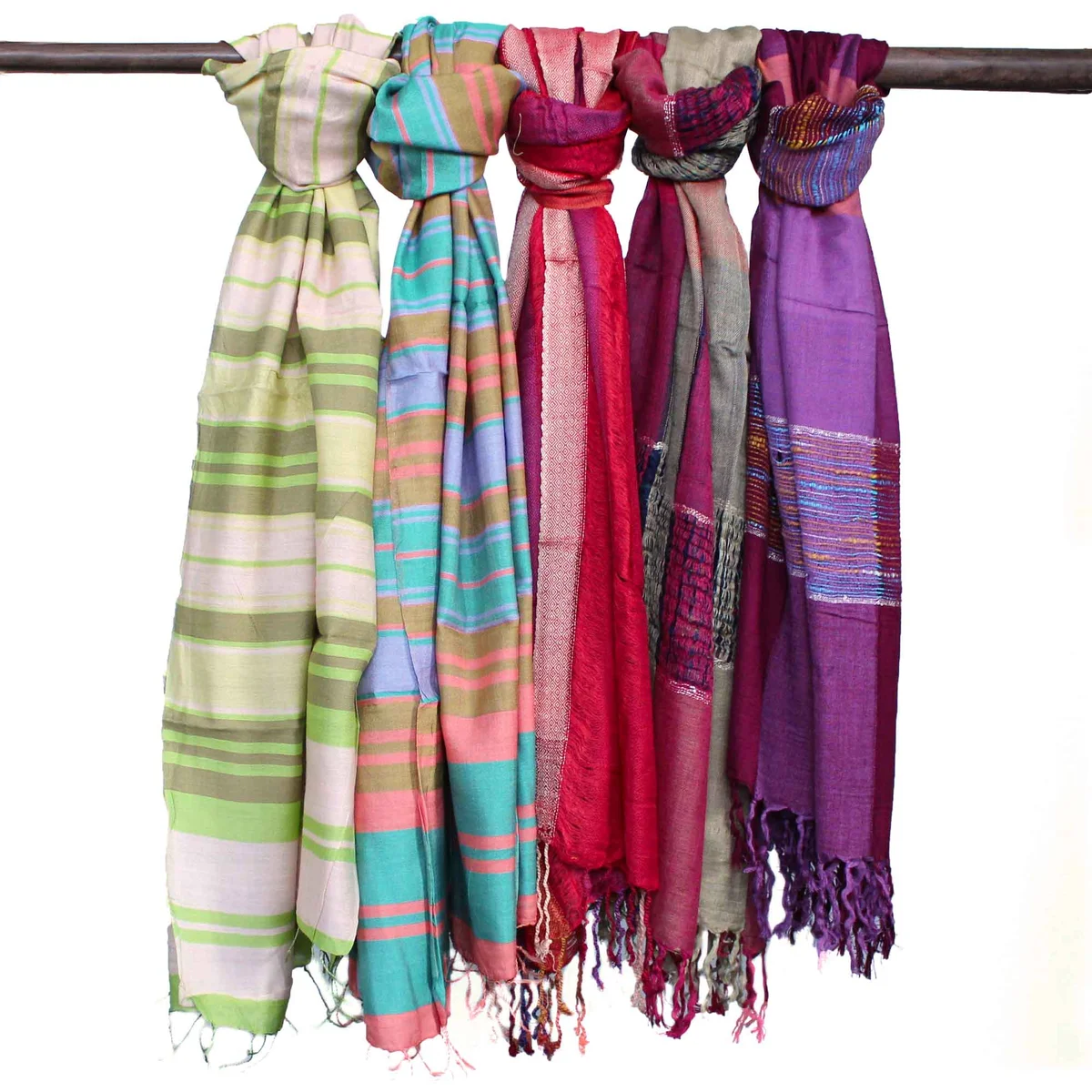 Large Indian purple boho scarves with random purple patterns, measuring 28 by 72 centimeters, folded display