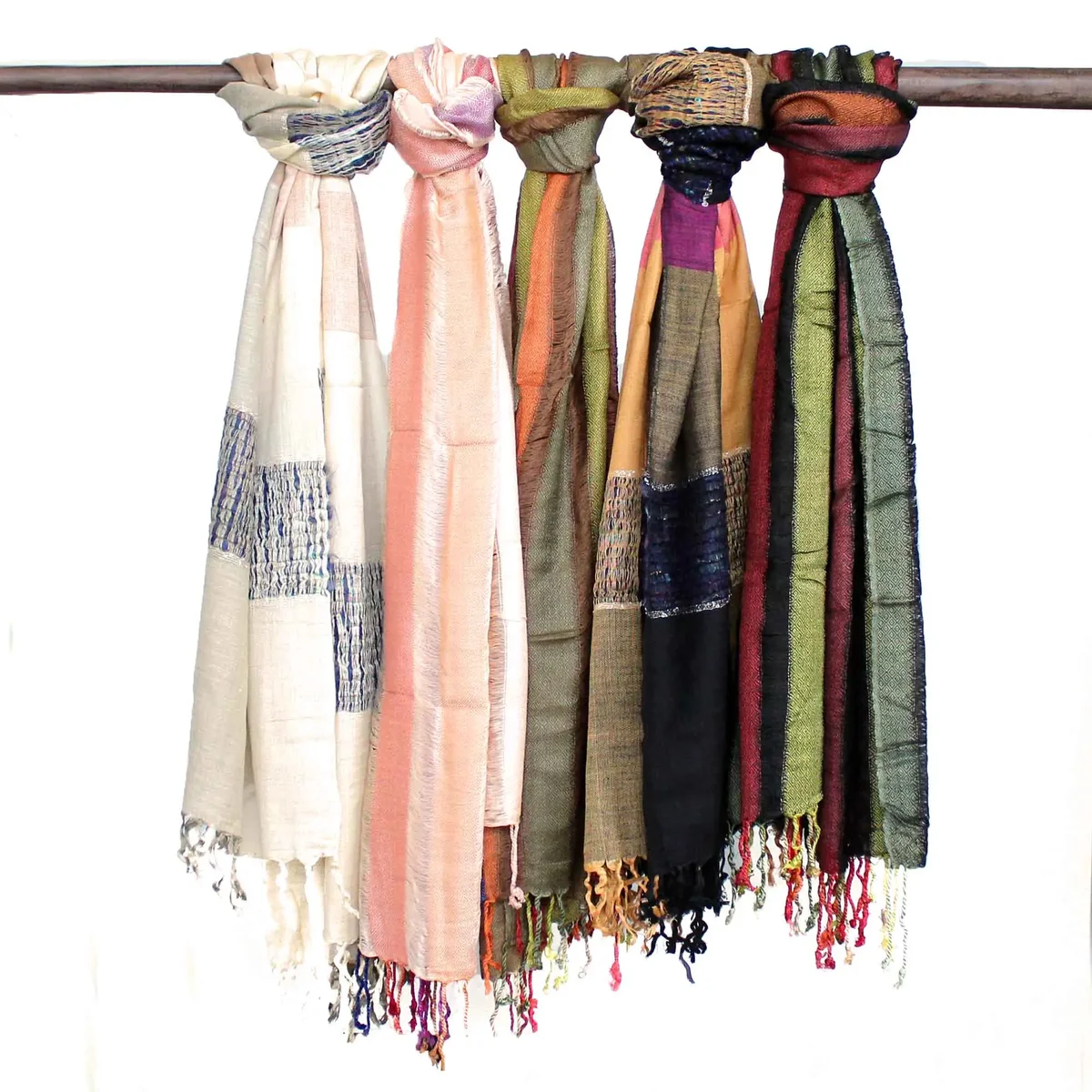 Large boho scarves in random green shades, measuring 28x72cm, with Indian boho style patterns displayed flat