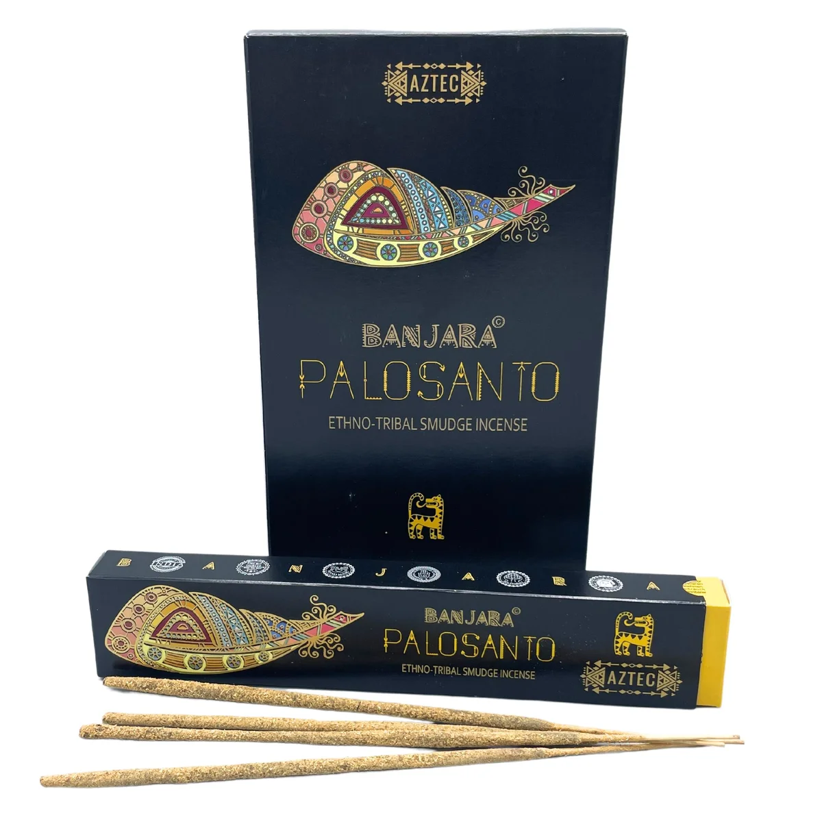 Banjara incense sticks in Palosanto scent with tribal-inspired packaging on a white background