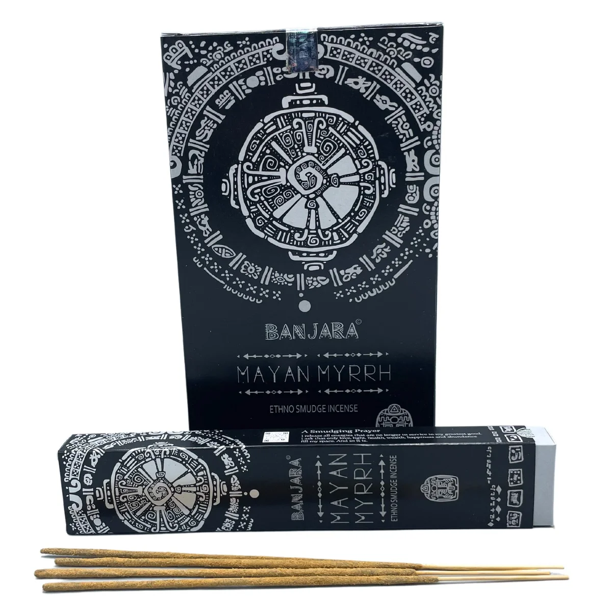 Banjara tribal smudge incense sticks with Mayan Myrrh packaging on a white background