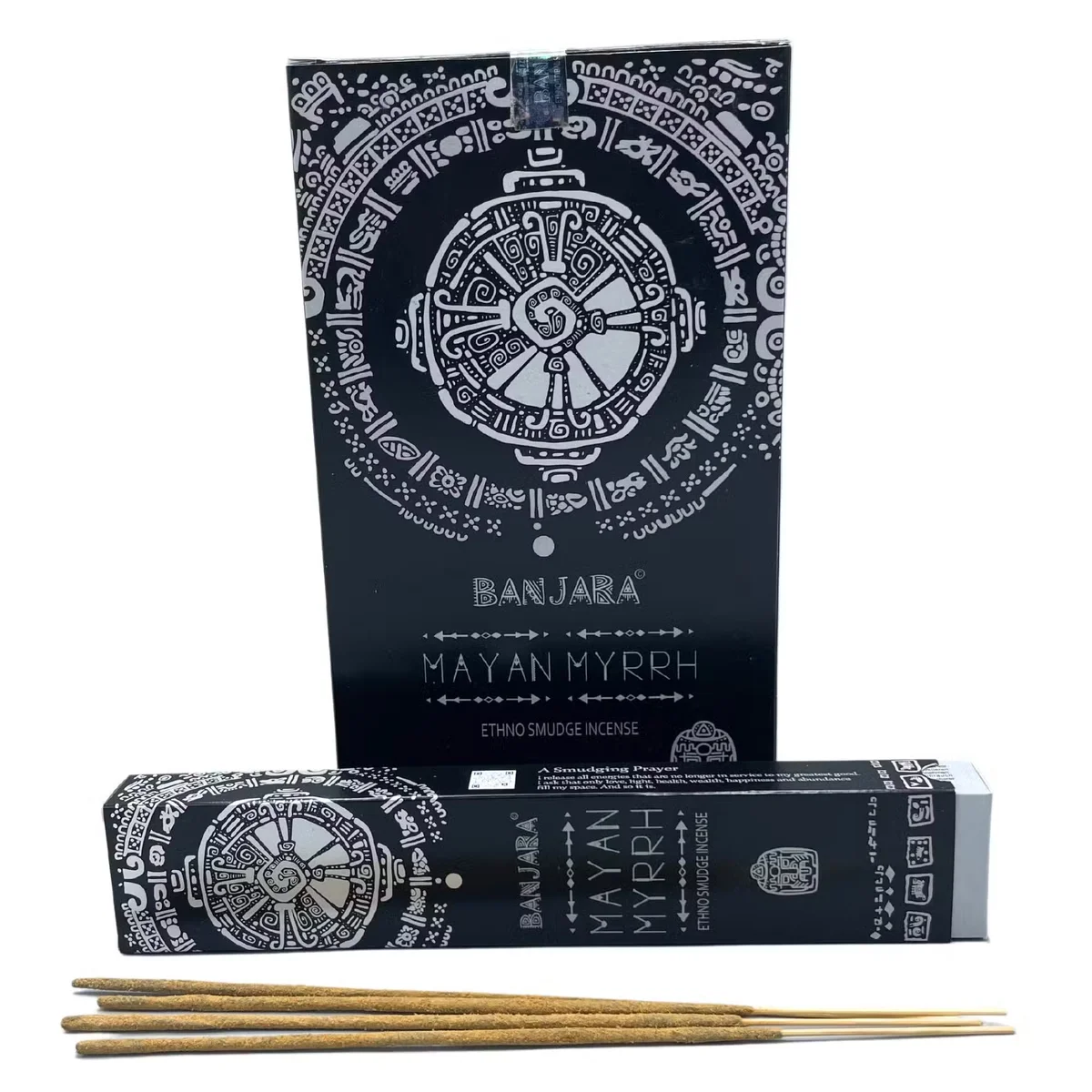 Banjara Tribal Mayan Myrrh smudge incense sticks arranged on a wooden surface with tribal patterns visible