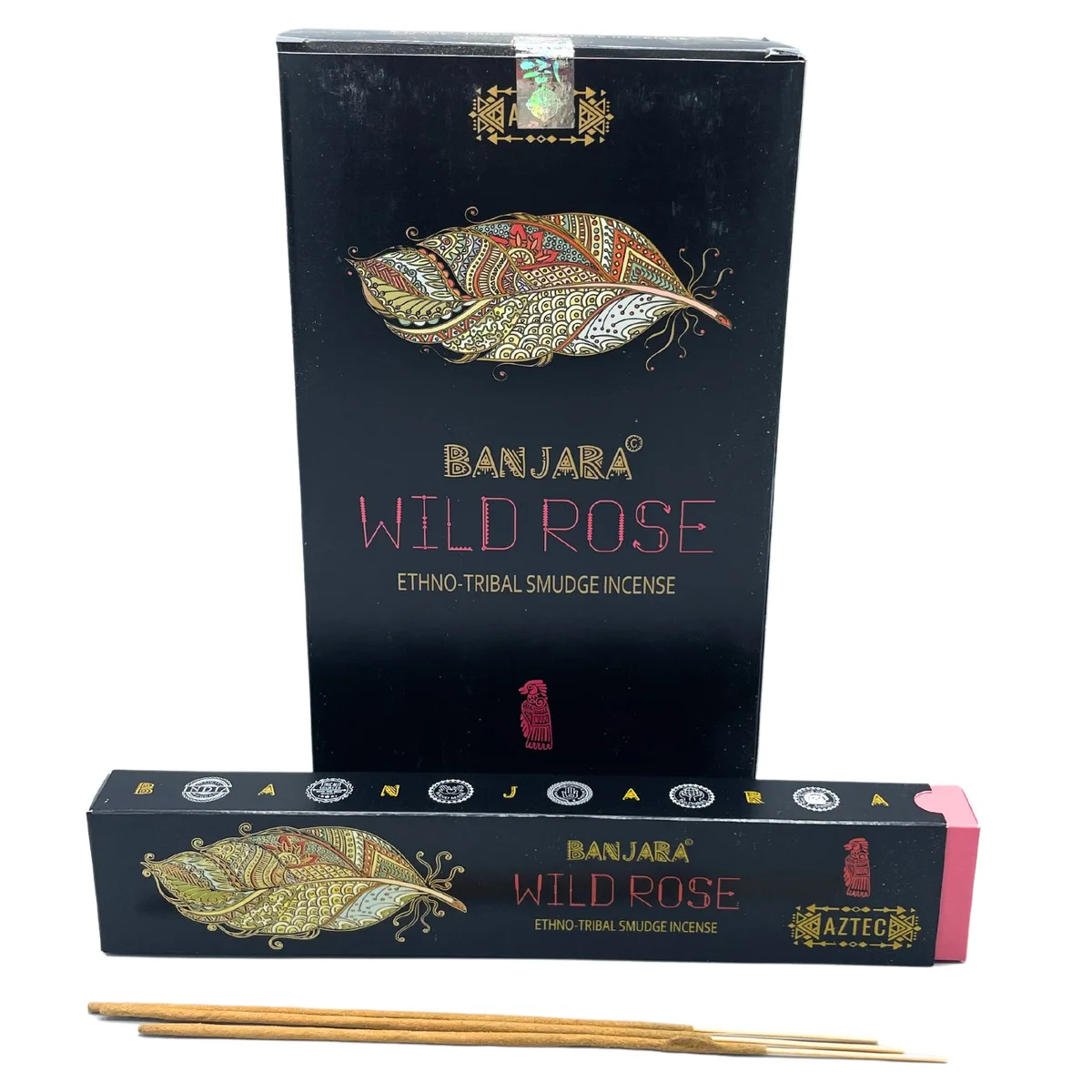 Banjara incense sticks with wild rose scent arranged on a wooden surface with tribal-inspired packaging visible