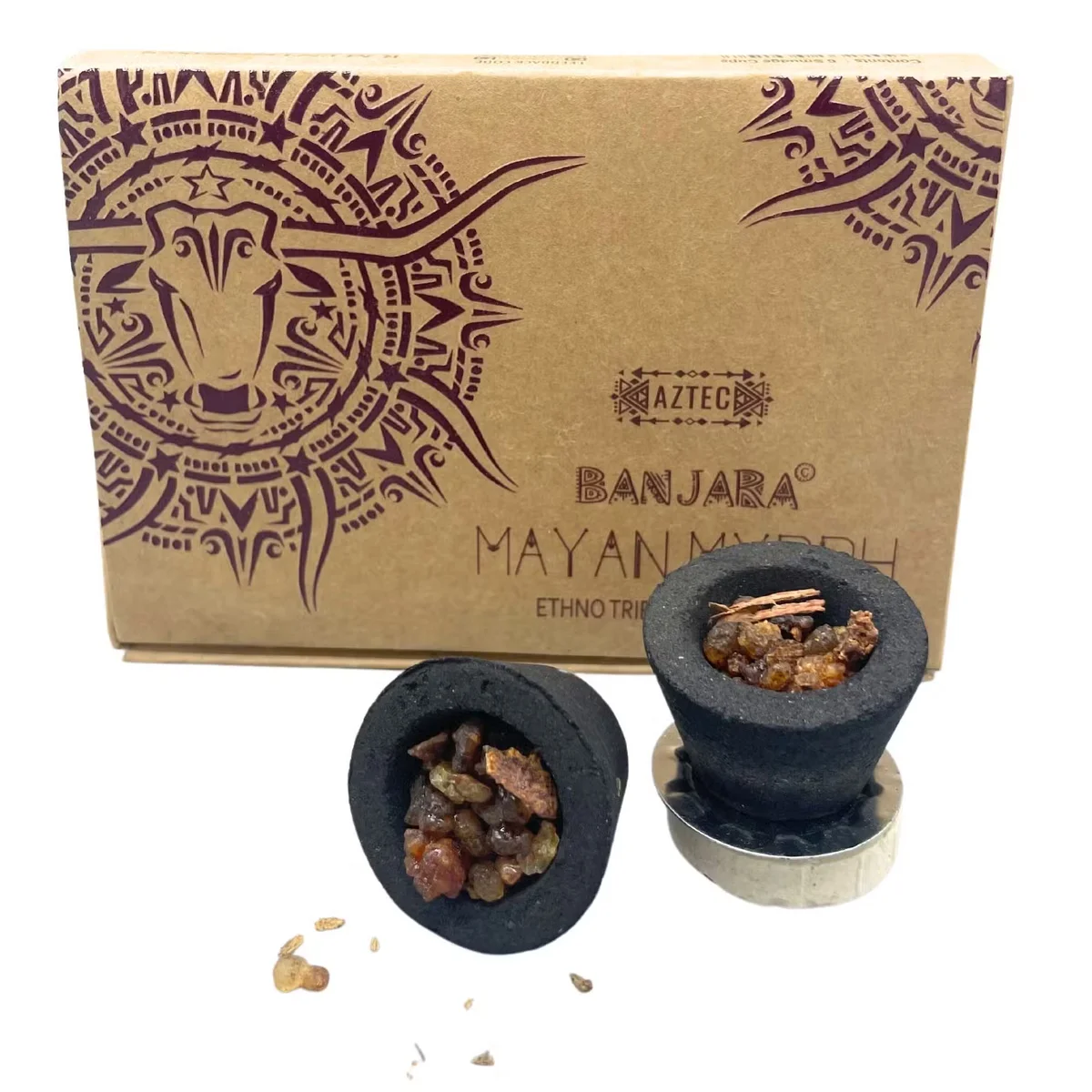 Set of three Banjara resin decorative tumblers in Mayan Myyrh design with rich, earthy tones on plain background