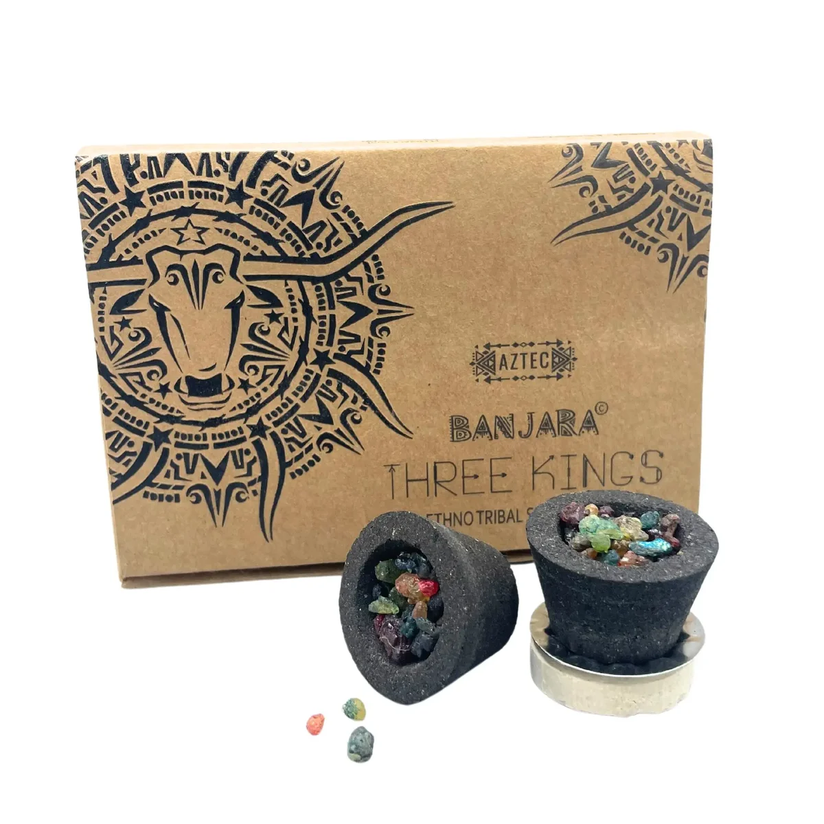 Set of Banjara Resin Three Kings cups with intricate colorful designs on each cup