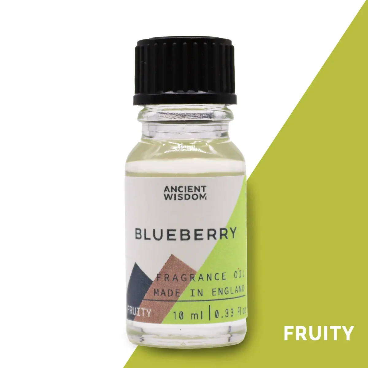 Small 10ml bottle of blueberry fragrance oil with blue label and black cap on white background