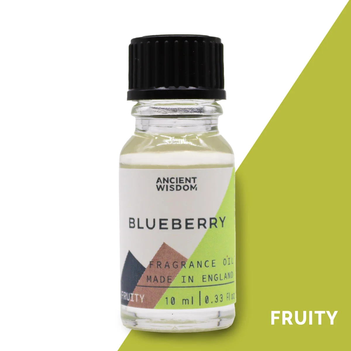 Small 10ml bottle of blueberry scented oil with blue label and silver cap on white background