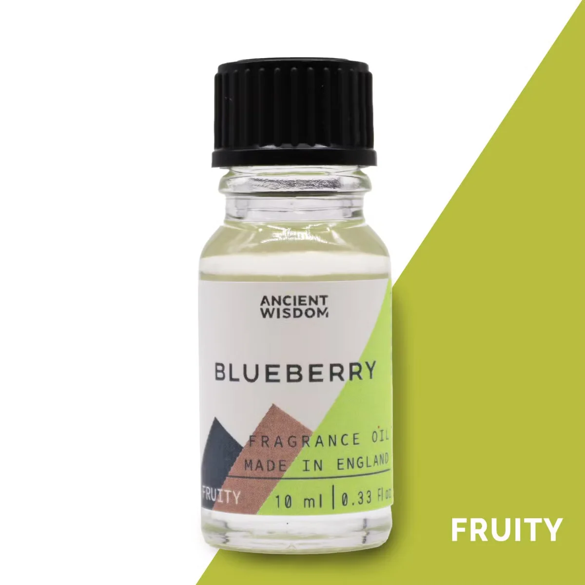 Small 10ml bottle of blueberry aromatherapy fragrance oil with blue label on white background