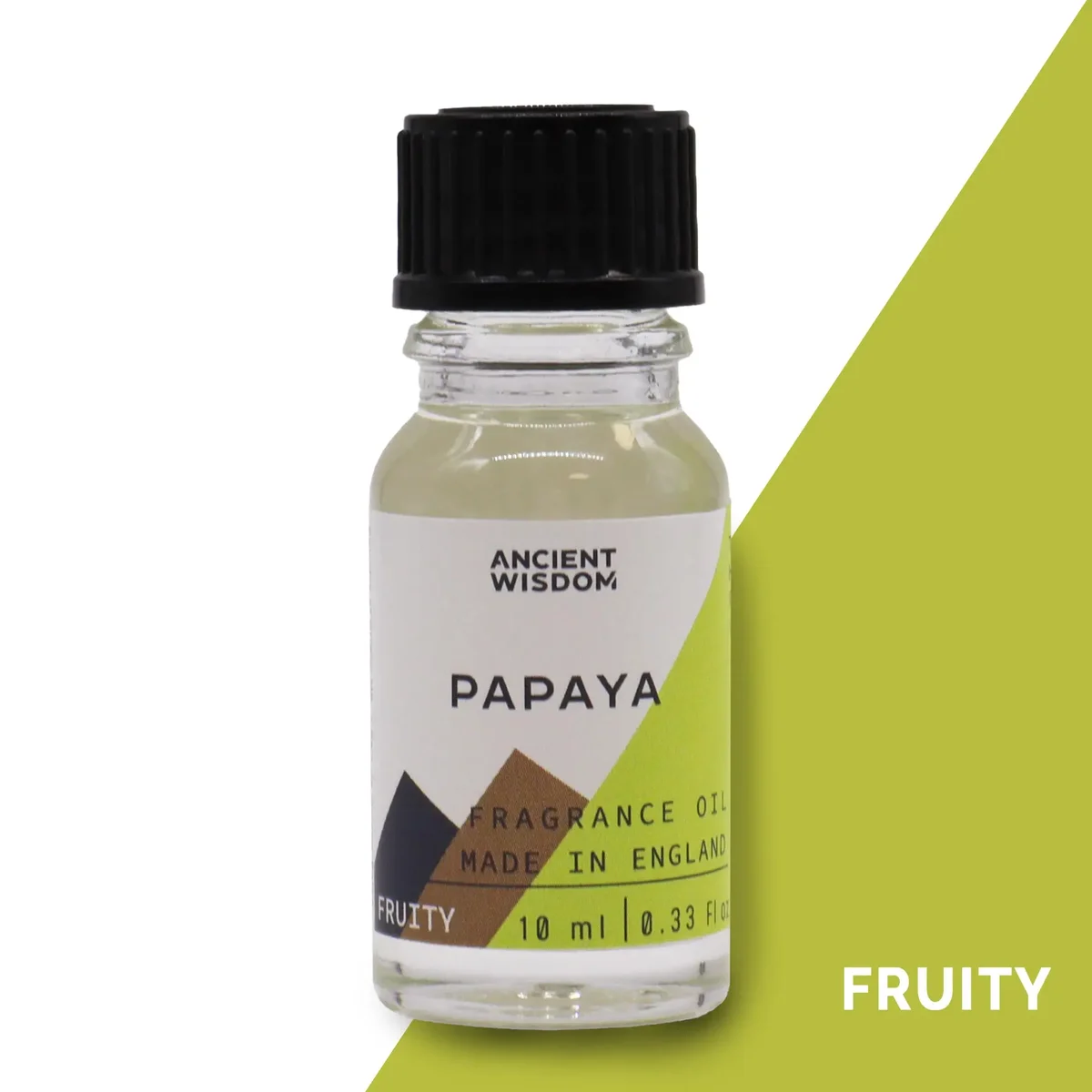 Small 10ml bottle of papaya fruit scented oil with clear liquid and white cap on plain background