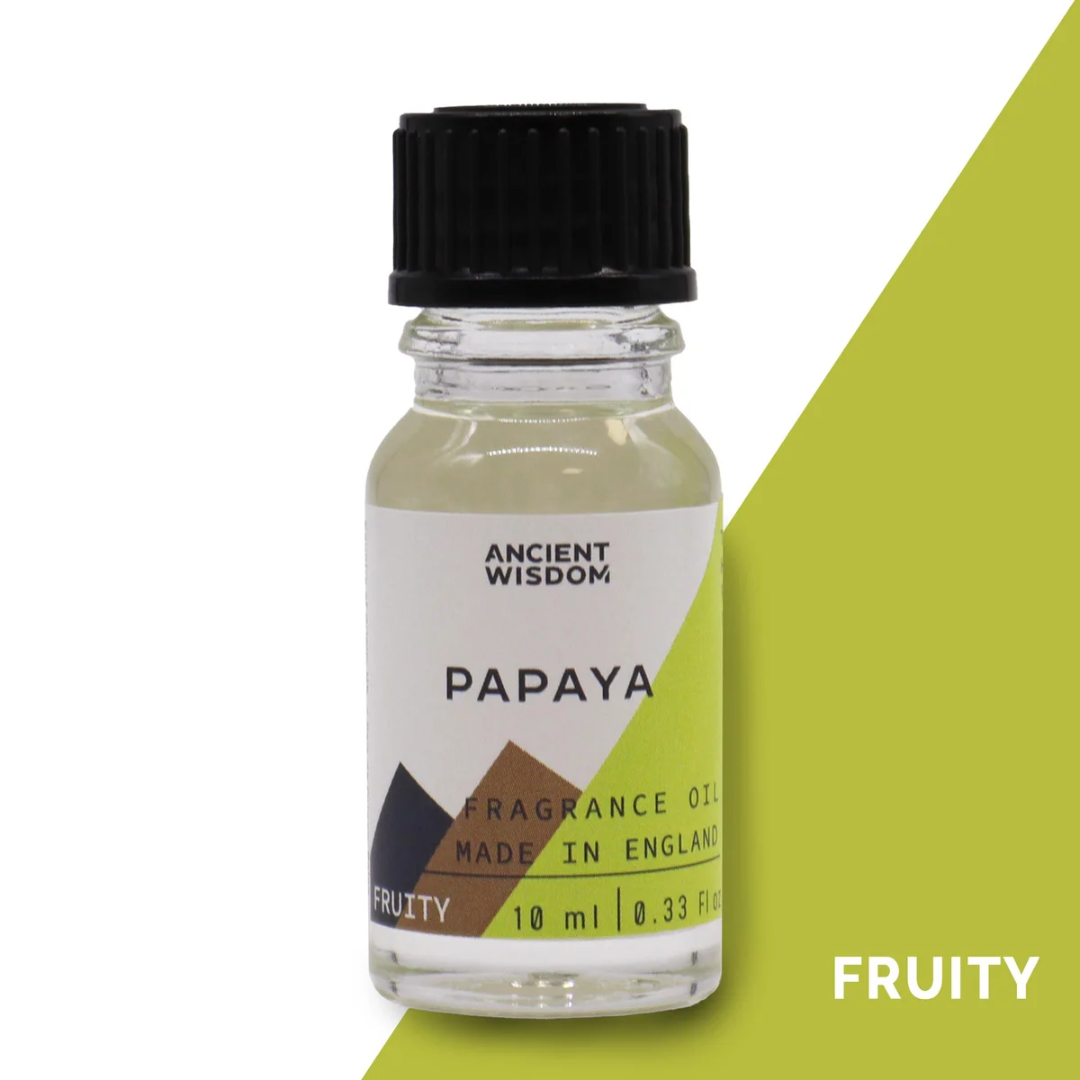 Small 10ml bottle of papaya aromatherapy fragrance oil with orange label on white background